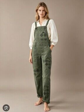 pilcro Anthropologie Women’s Green Embroidered Cotton Overalls